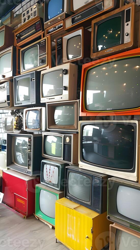 Stacked analog TVs create a tower of obsolete technology photo