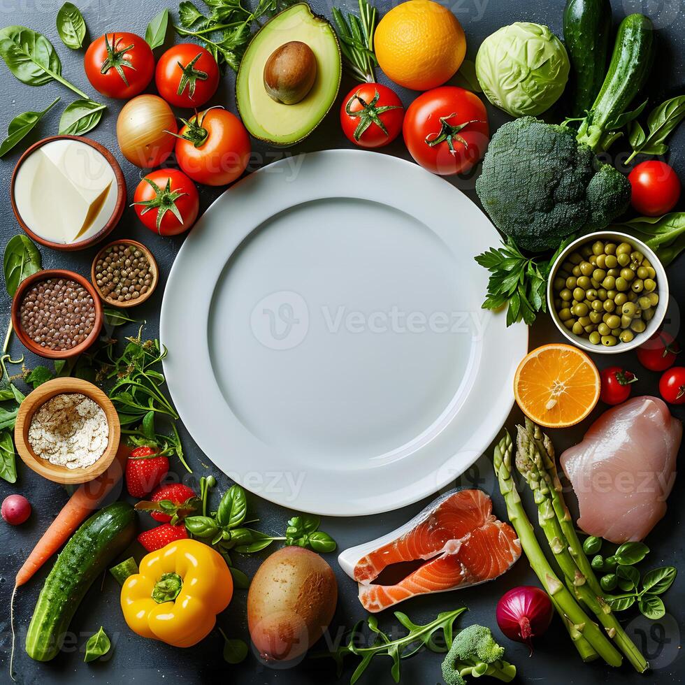 a white plate surrounded by fruits and vegetables on a table photo