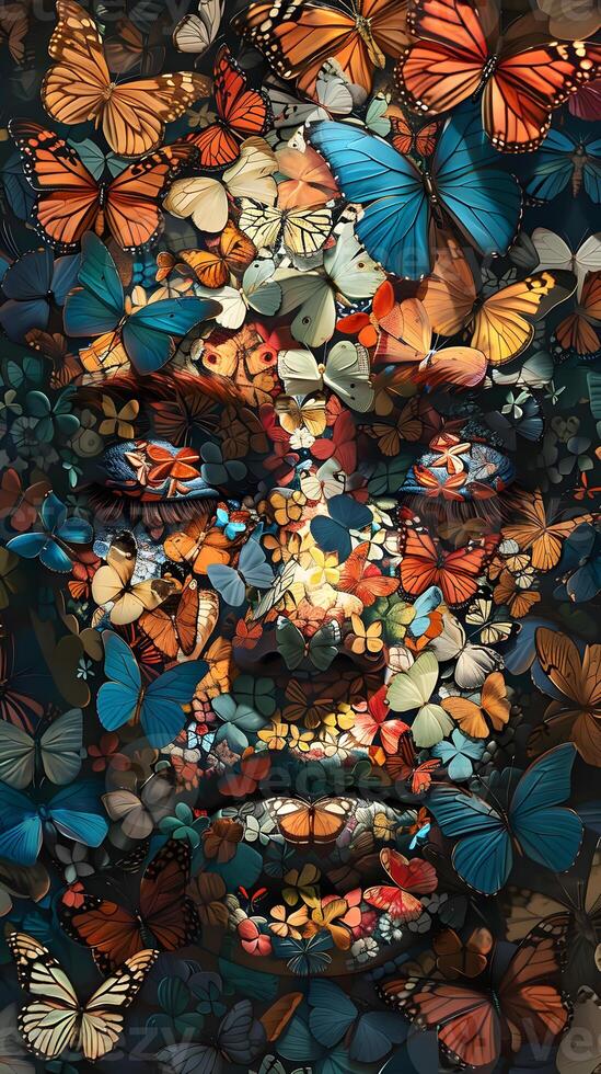 a painting of a man s face made up of butterflies photo