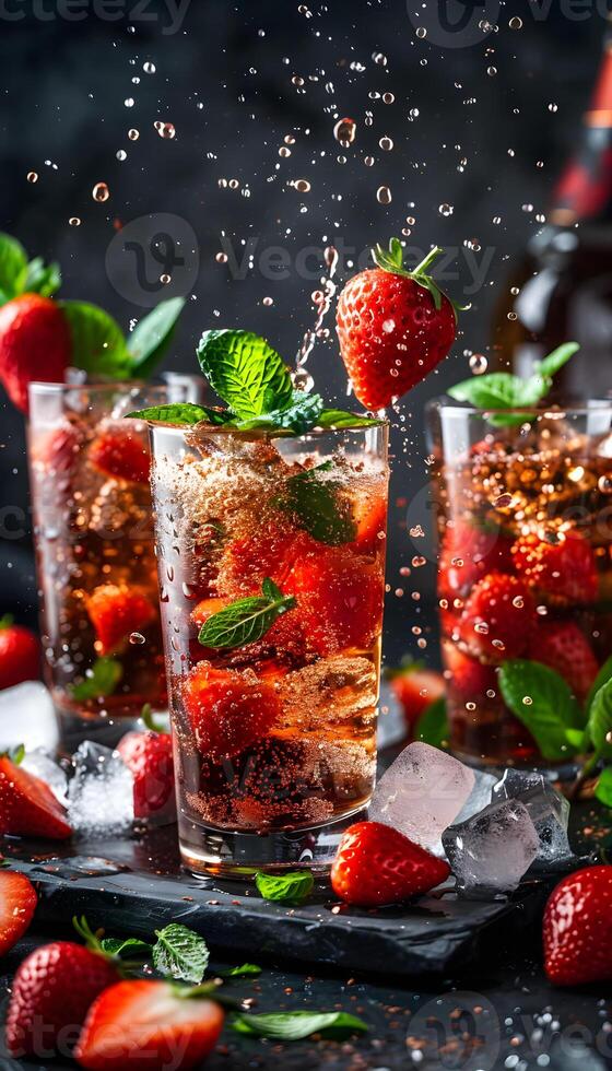 Three glasses of strawberrymint iced tea as a refreshing natural drink photo