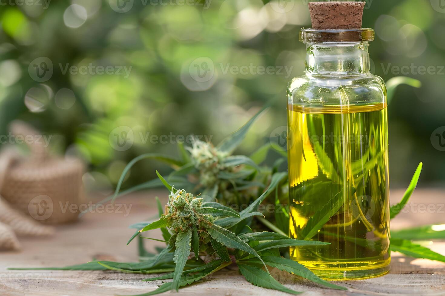 Glass Bottle with CBD Oil and Fresh Cannabis Leaves on Table photo