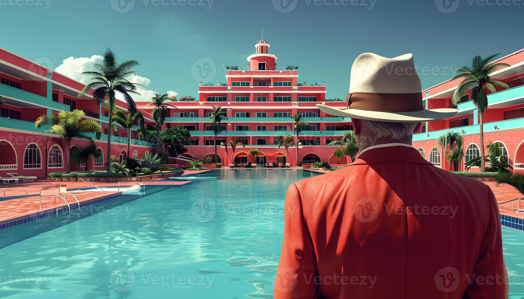 Man in a fedora stands by pool in front of pink building photo