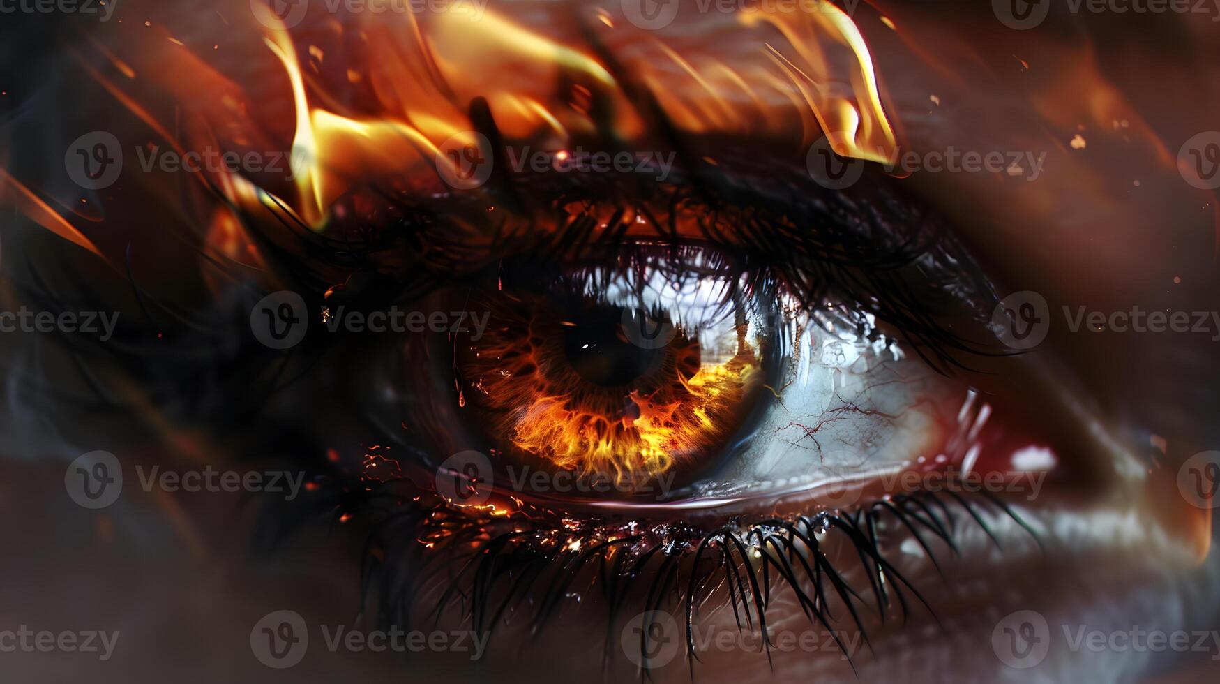 Fiery Eye Close-Up with Burning Reflection and Intense Gaze photo