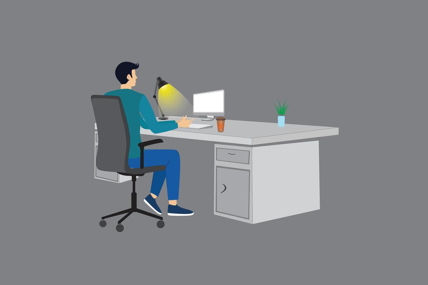 A man working in a office desk using a laptob . vector