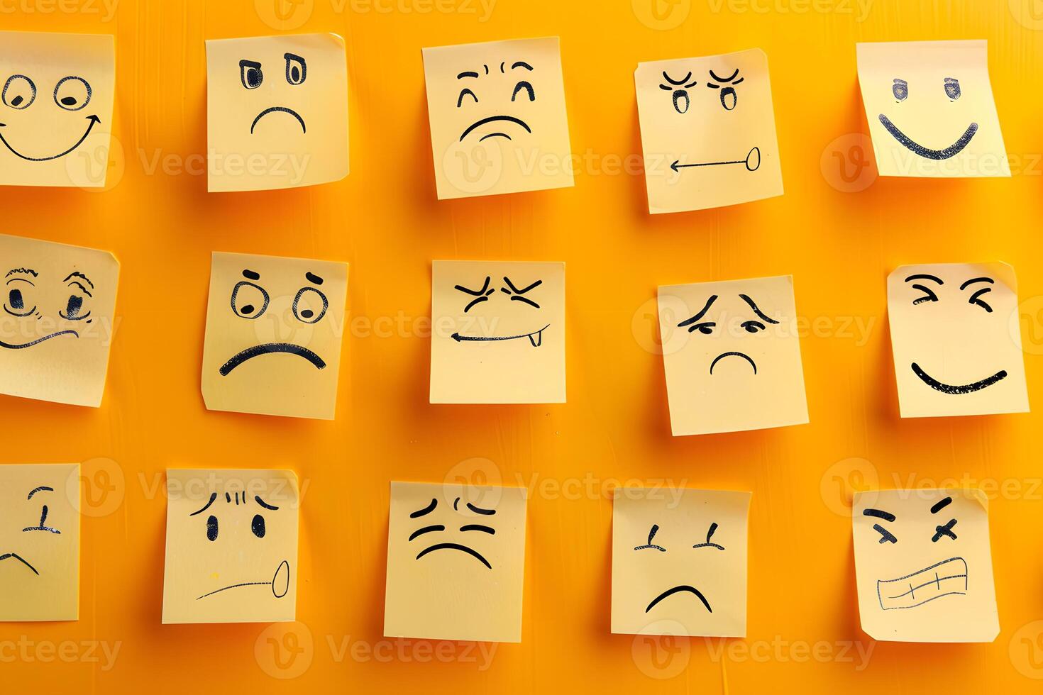 Yellow Sticky Notes with Handdrawn Emotions on Orange Background photo