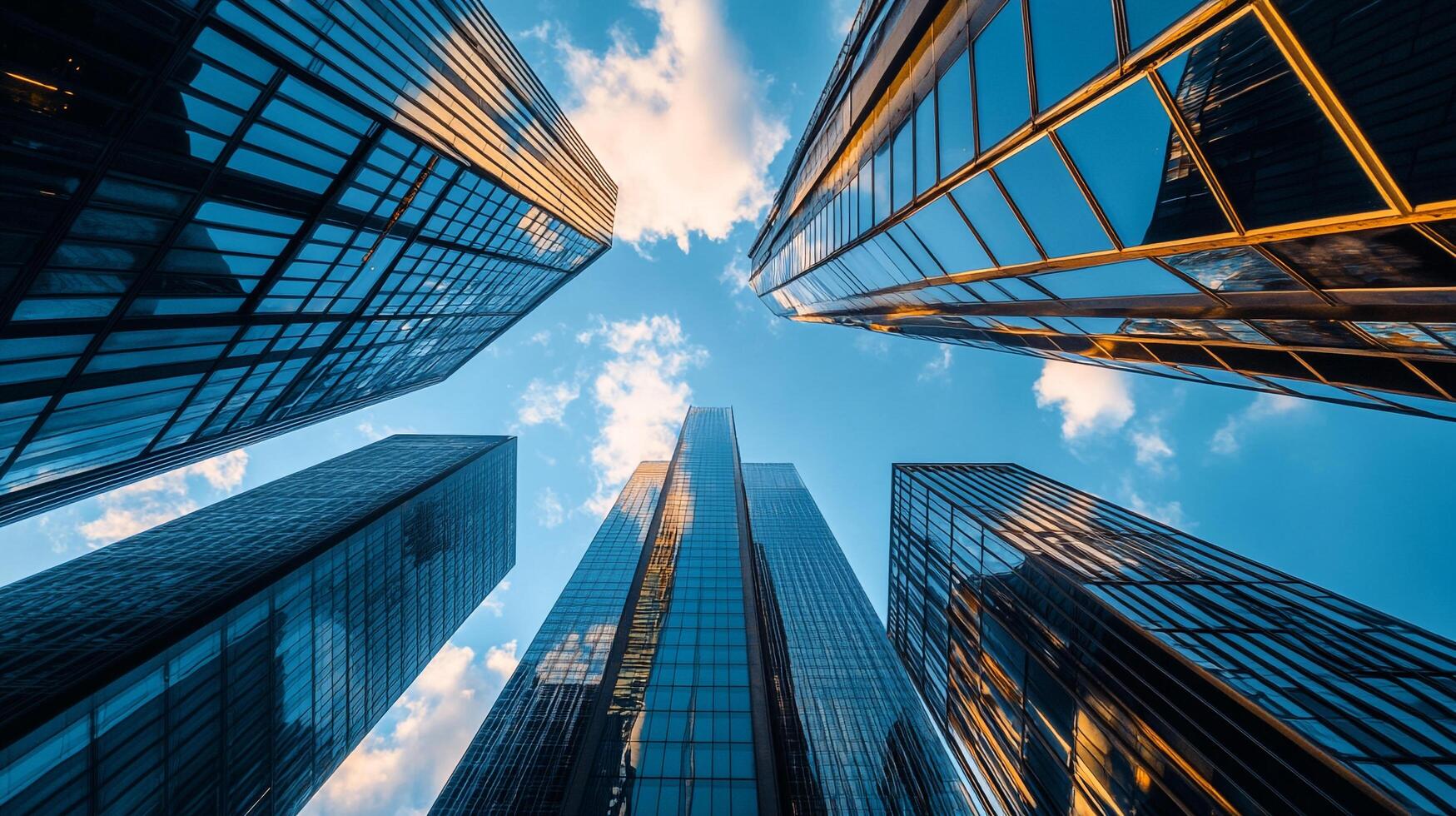 Skyscrapers reach towards the bright blue sky, with their mirrored windows reflecting the daylight and clouds, creating a modern urban landscape. photo