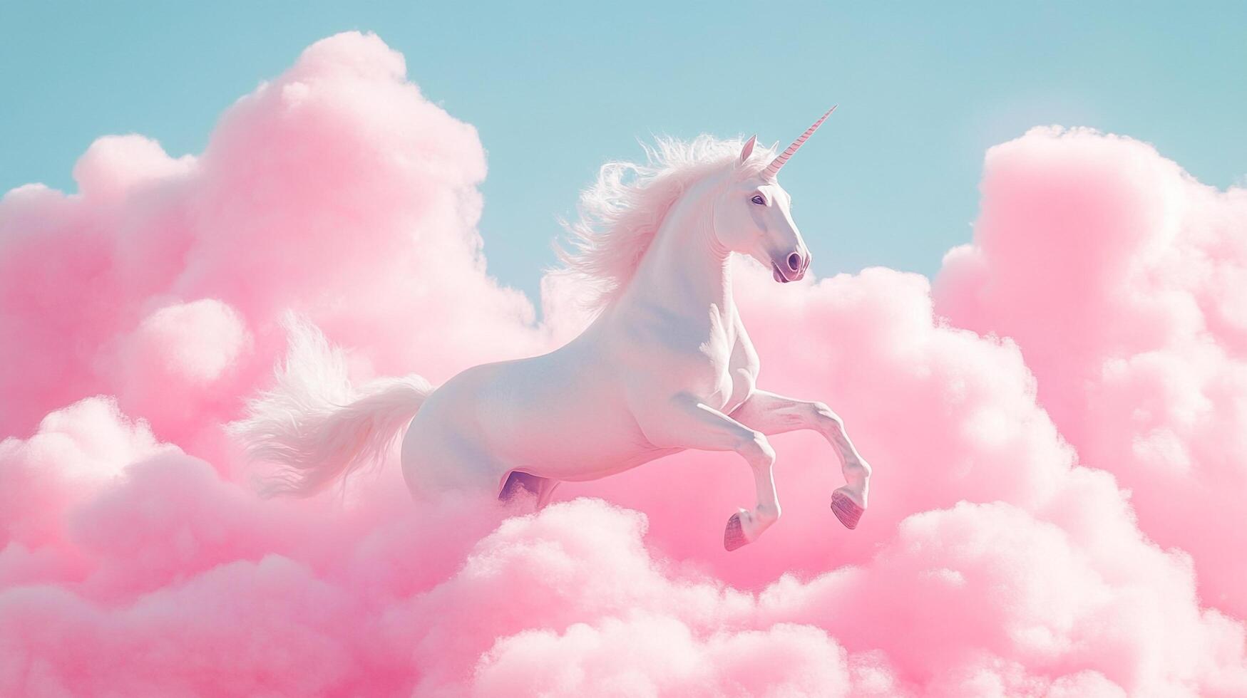 Majestic white unicorn with a flowing mane and a pink horn, leaping through a sea of soft, fluffy pink clouds under a clear blue sky. photo