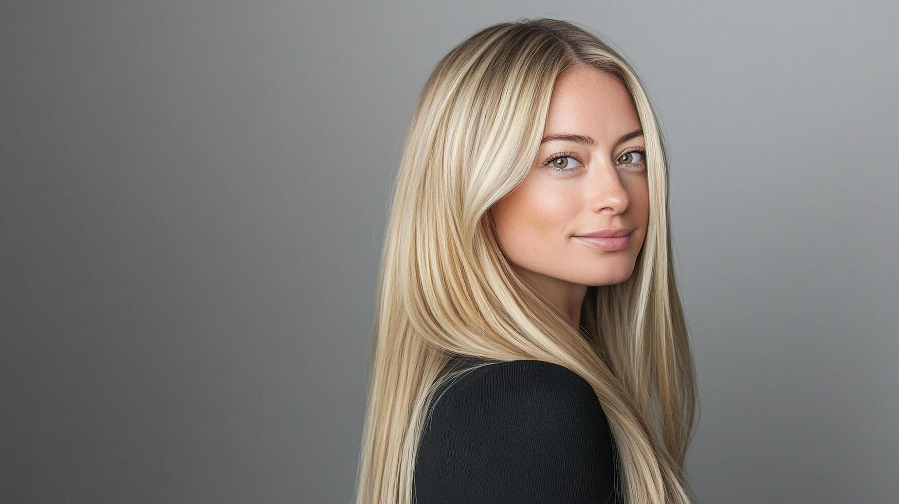 Portrait of a woman with long blonde hair and a dark top looking at the camera with soft lighting against a plain grey background. photo