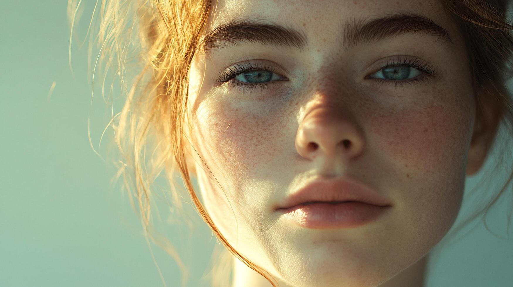 Close-up portrait of a young woman with fair skin and light red hair. She has freckles, blue eyes, and a soft expression. photo