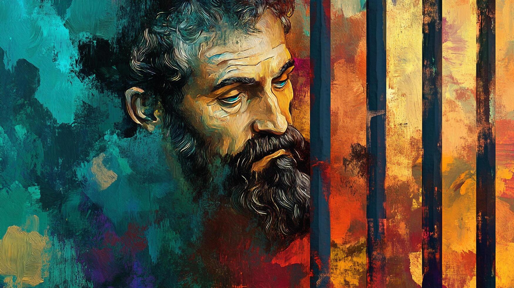 A vibrant painting of a man with a beard and thoughtful expression, set against a backdrop of colorful, abstract vertical stripes. photo