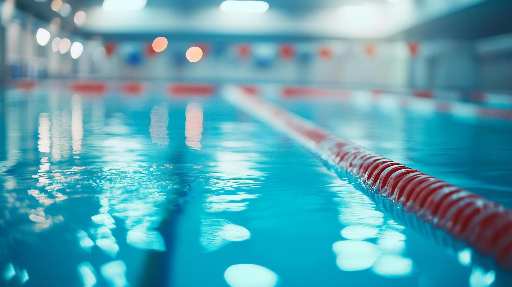 Indoor swimming pool featuring red lane markers in blue water. Surface is reflective with blurred lighting. Focus on center lane marker. photo