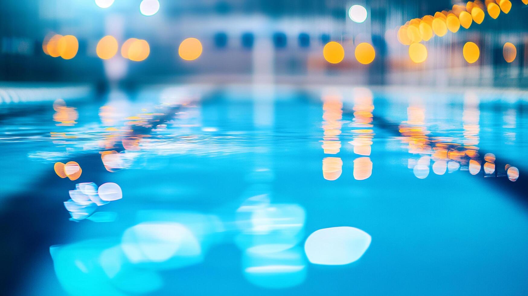 Abstract underwater view of a swimming pool with reflections of lights, creating a tranquil and inviting atmosphere. photo