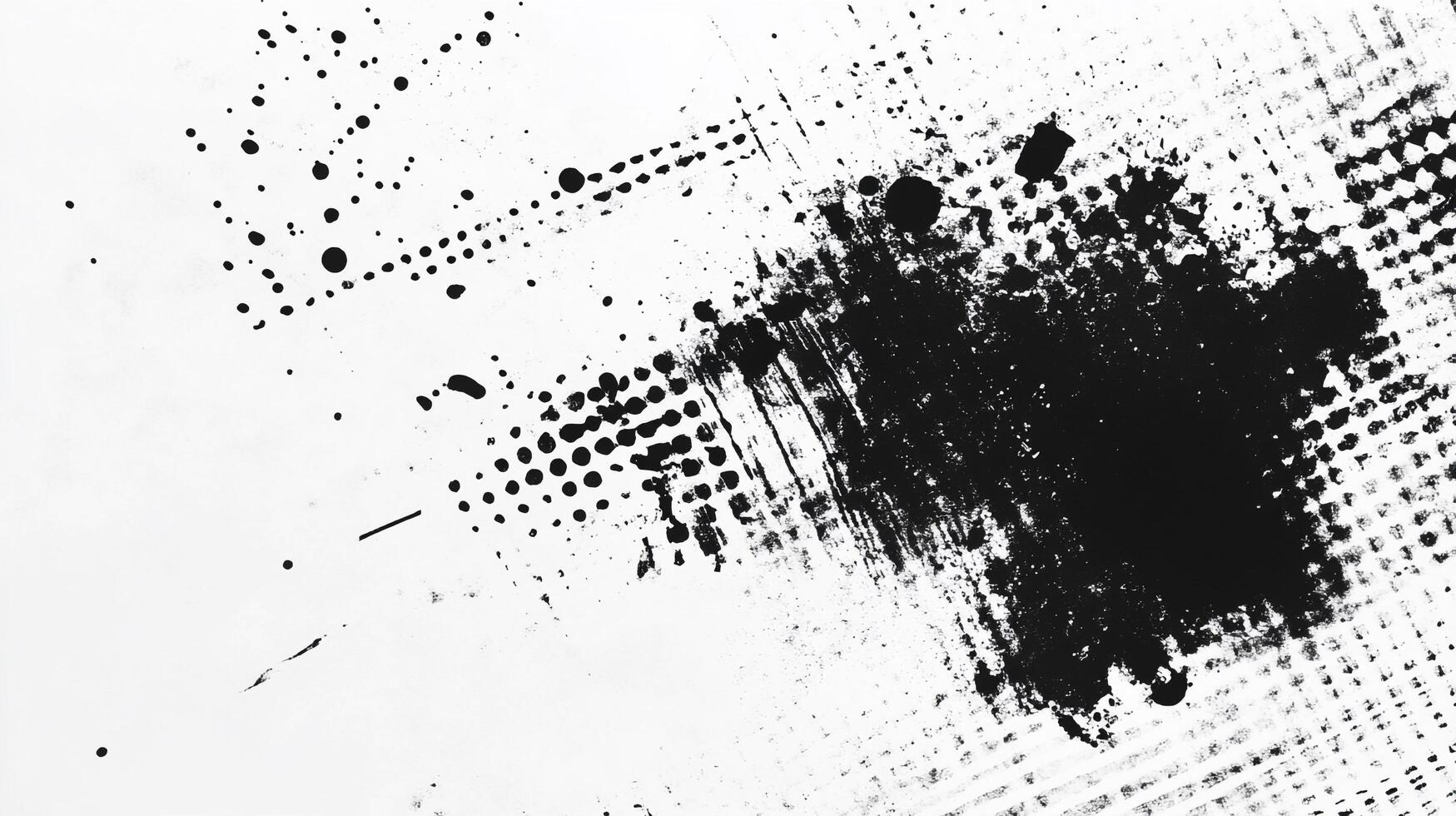 Abstract black ink splatters and halftone patterns on a white backdrop evoke a sense of artistic expression and textured contrast. photo