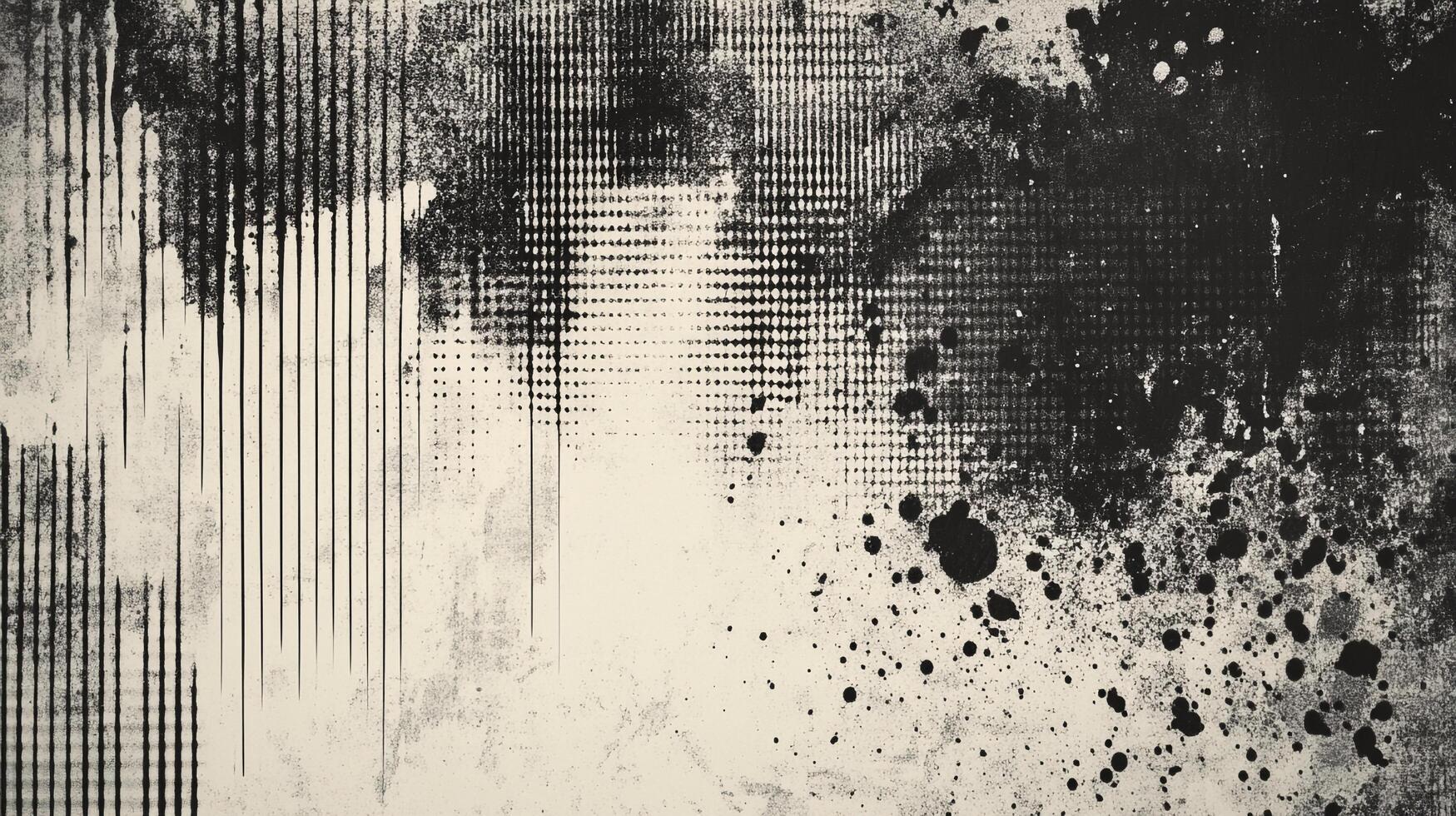 Abstract art with textured patterns and a monochrome palette featuring lines, dots, and splatters on a distressed surface. photo