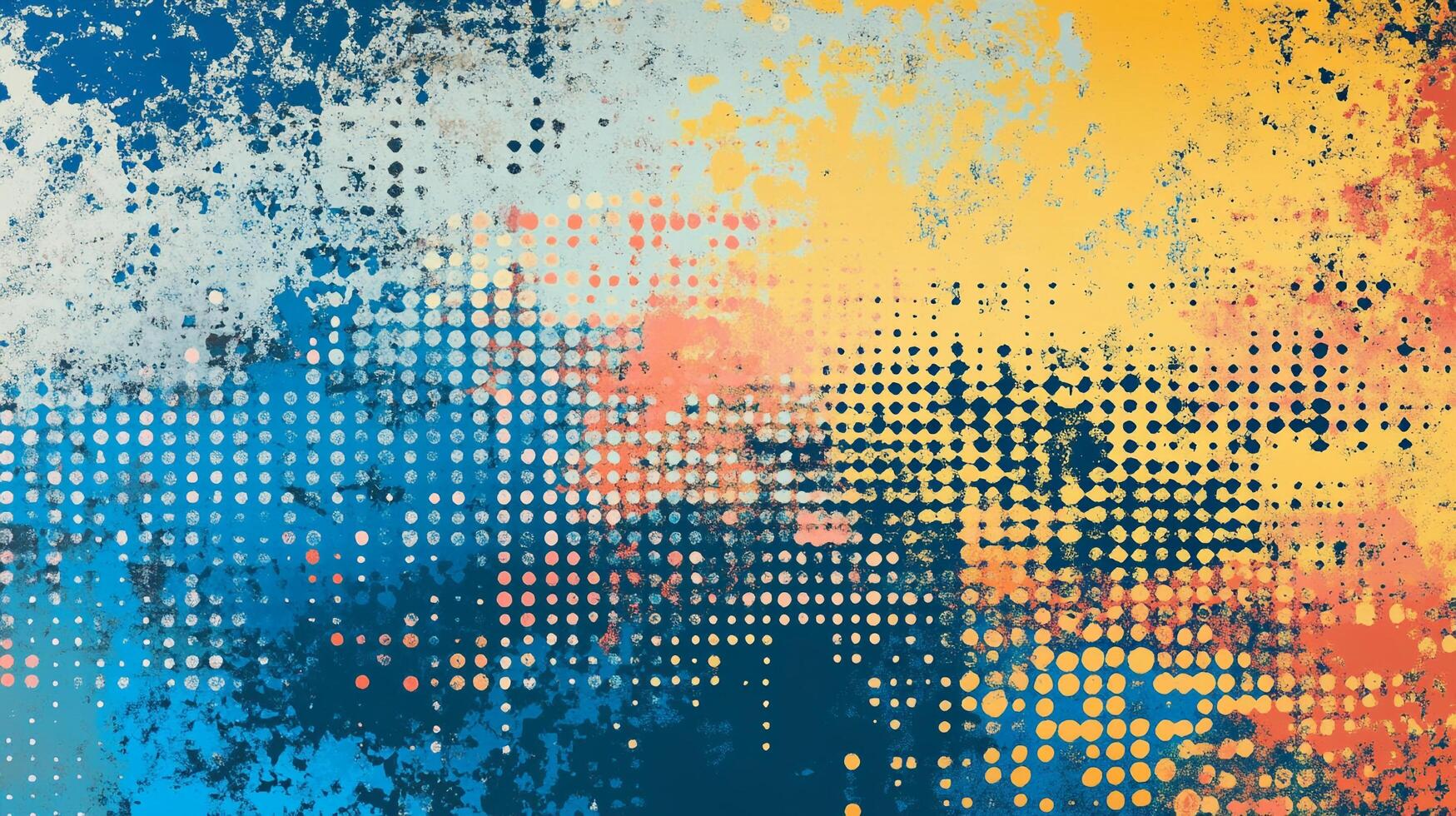 Abstract art featuring a blend of blue, yellow, and orange hues with a dot matrix pattern overlaid on a textured, grungy background. photo
