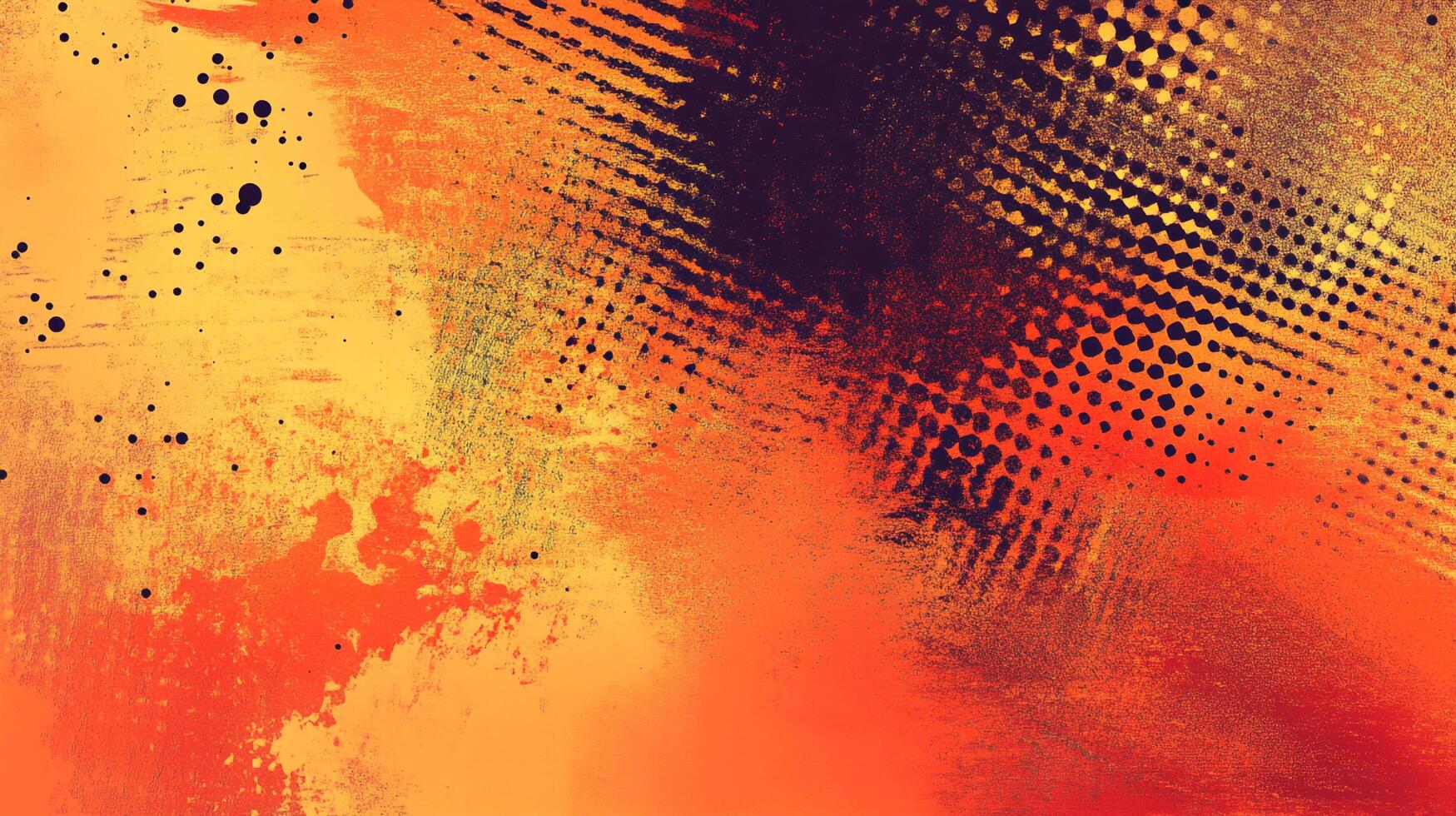 Abstract artwork features bold orange tones blended with textural elements and halftone patterns, creating a dynamic visual experience. photo