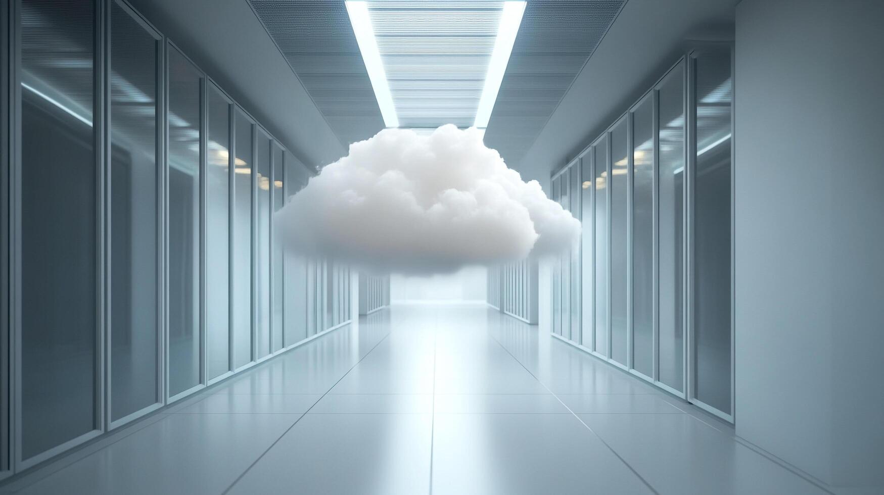 A fluffy white cloud floats in a stark, bright hallway lined with glass-walled rooms, evoking concepts of data and the digital world. photo