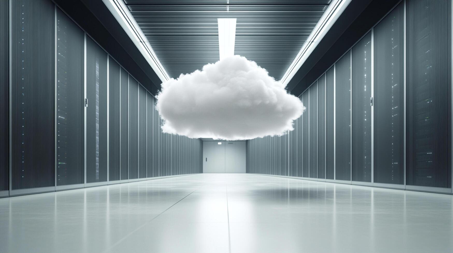 A cloud hovers in a server room, symbolizing cloud computing and data storage within a modern and secure environment. photo