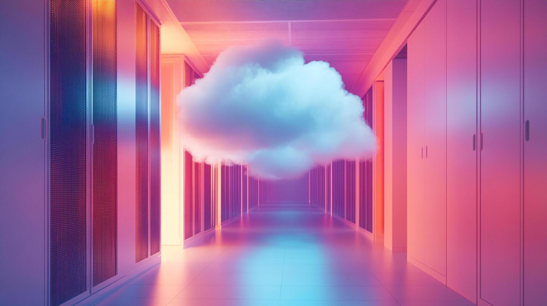 An ethereal cloud floats in a server room, symbolizing cloud computing and the digital realm, against a backdrop of glowing servers. photo