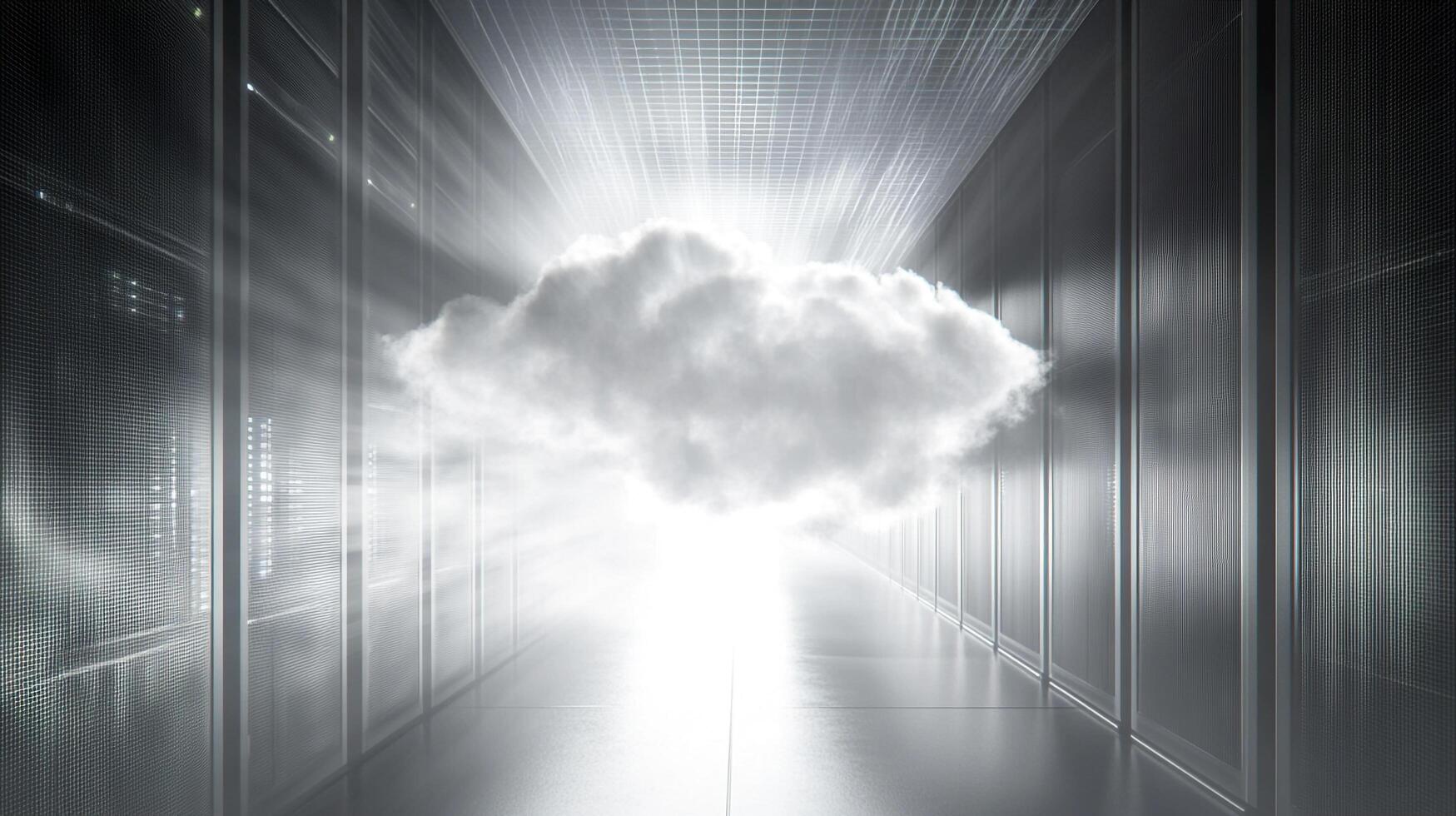 Abstract server room hallway with cloud. Digital data storage, processing, and cloud computing. Modern design. Technology concept. photo