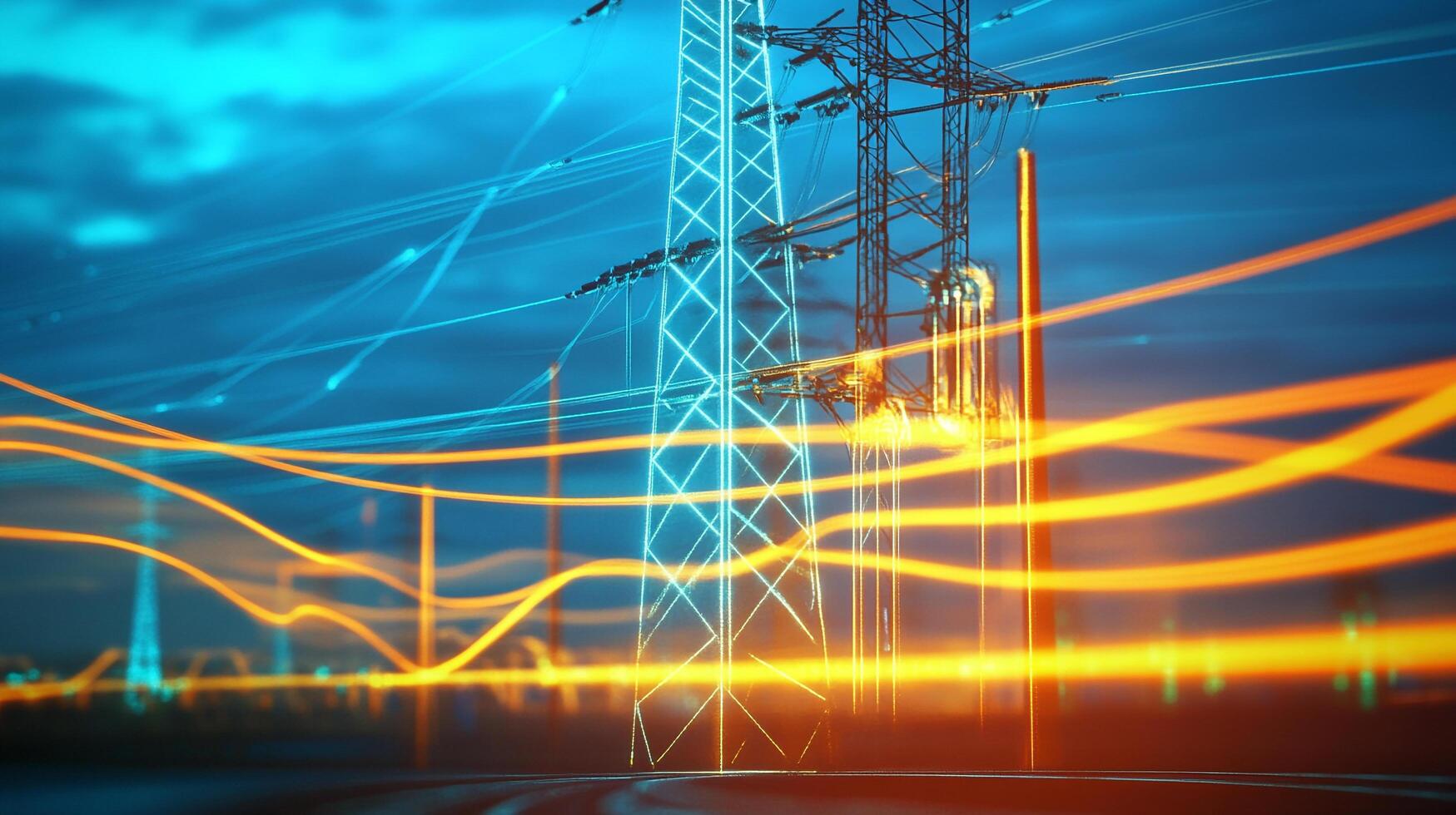 Electric grid towers and power lines against a blue sky, with energy flowing along the lines, connecting power to homes and businesses. photo