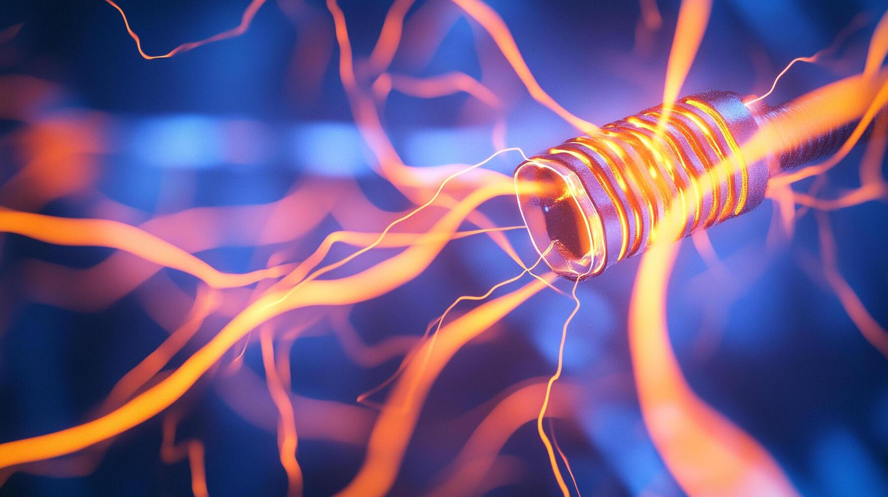 Energetic core transmitting vivid orange currents within a deep blue field, illustrating connectivity and power in a modern, abstract style. photo