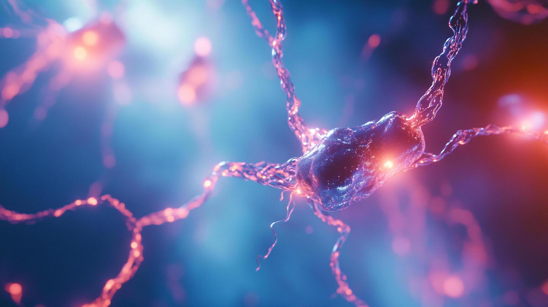 Close-up view of illuminated neuron cells with interconnected extensions showcasing cellular communication and neural network structures. photo