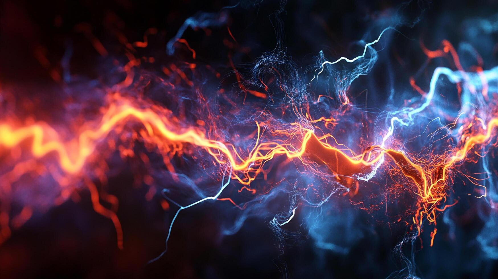 Dynamic energy surges with vibrant orange and blue hues, showcasing a captivating display of abstract, electrical phenomena. photo