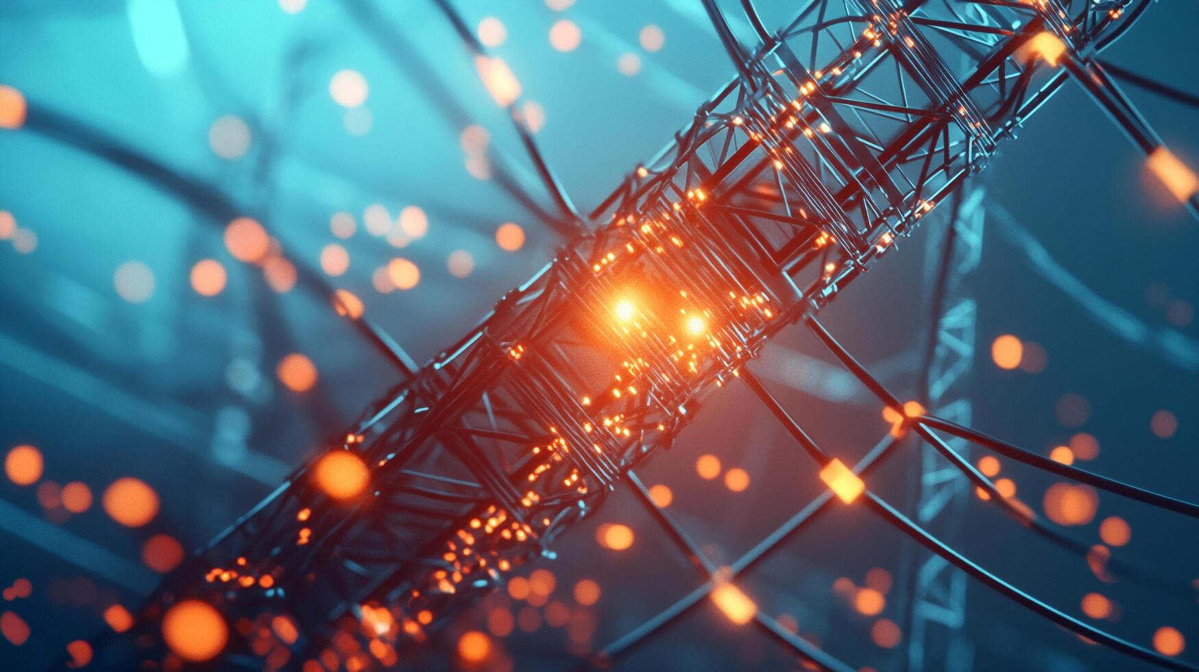 Network infrastructure glows, cables intertwine, transmitting data. A complex web of connections forms, conveying information with speed. photo