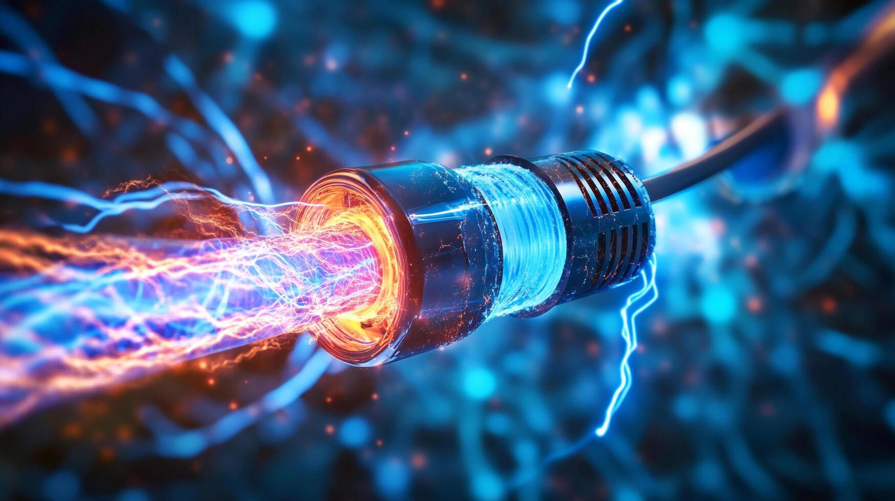 High-speed cable transmitting data with light streaks and electricity, representing connectivity and digital communication. photo
