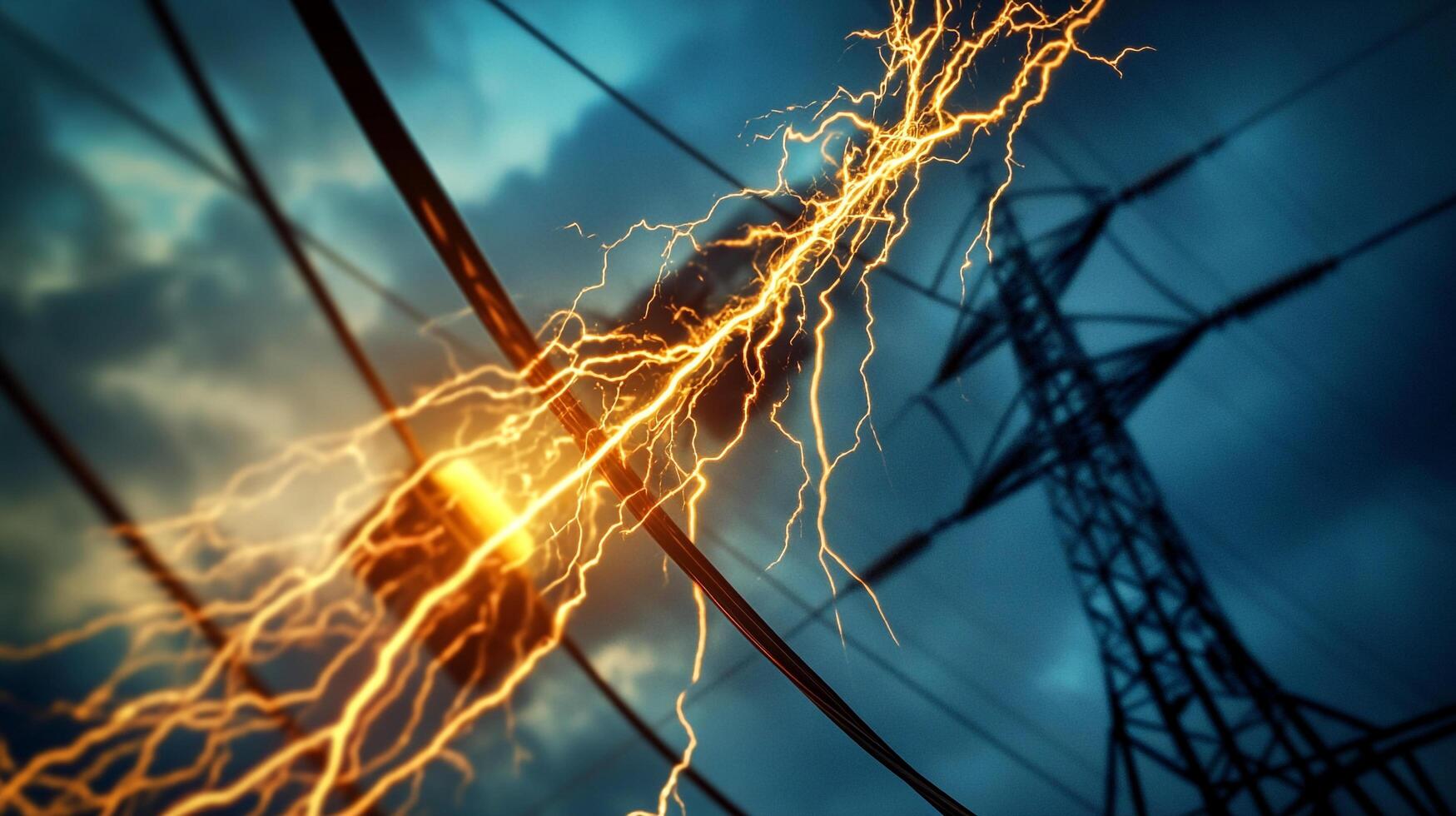 Dramatic electrical discharge streaks across power lines under a stormy sky, showcasing raw power and intense atmospheric conditions. photo
