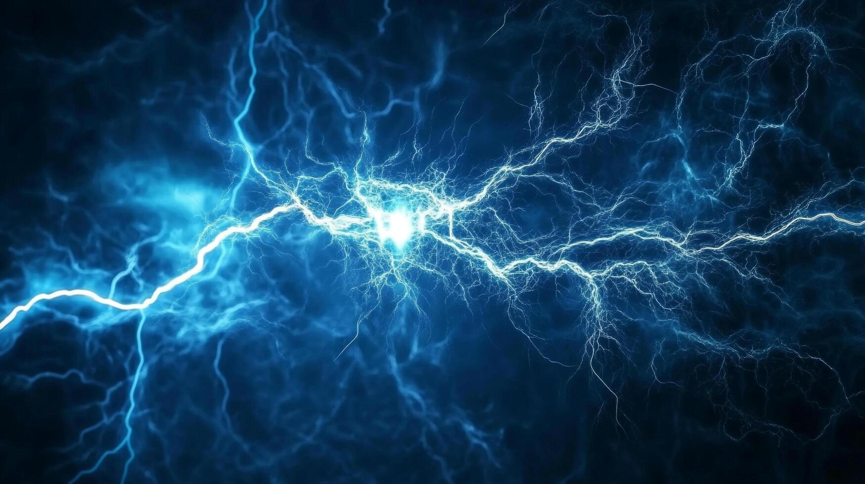 Striking blue lightning illuminating dark sky. Electric energy courses through air, creating dynamic display of power and atmospheric beauty. photo