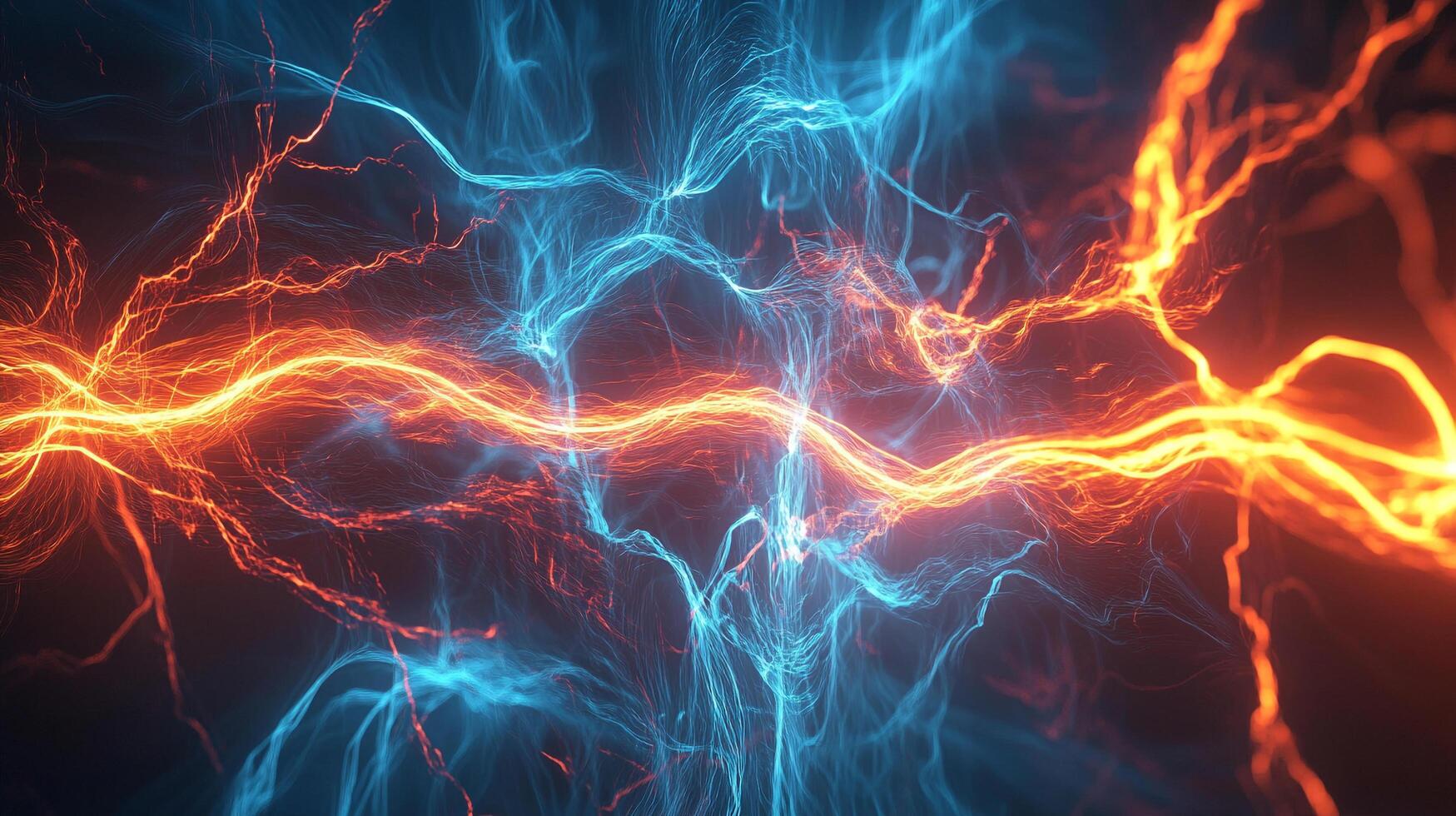 Digital artwork showcases abstract lightning bolts and energy fields in a dramatic display of orange and blue hues, creating a dynamic effect. photo