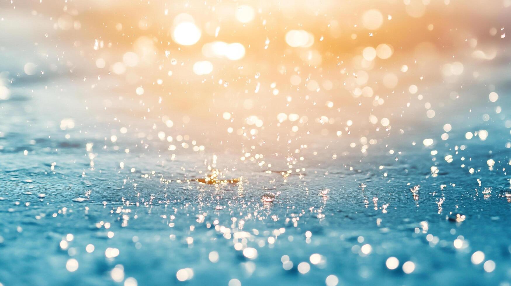 Raindrops falling onto a flat surface, creating splashes and ripples with a bright, blurred background in orange and yellow tones. photo