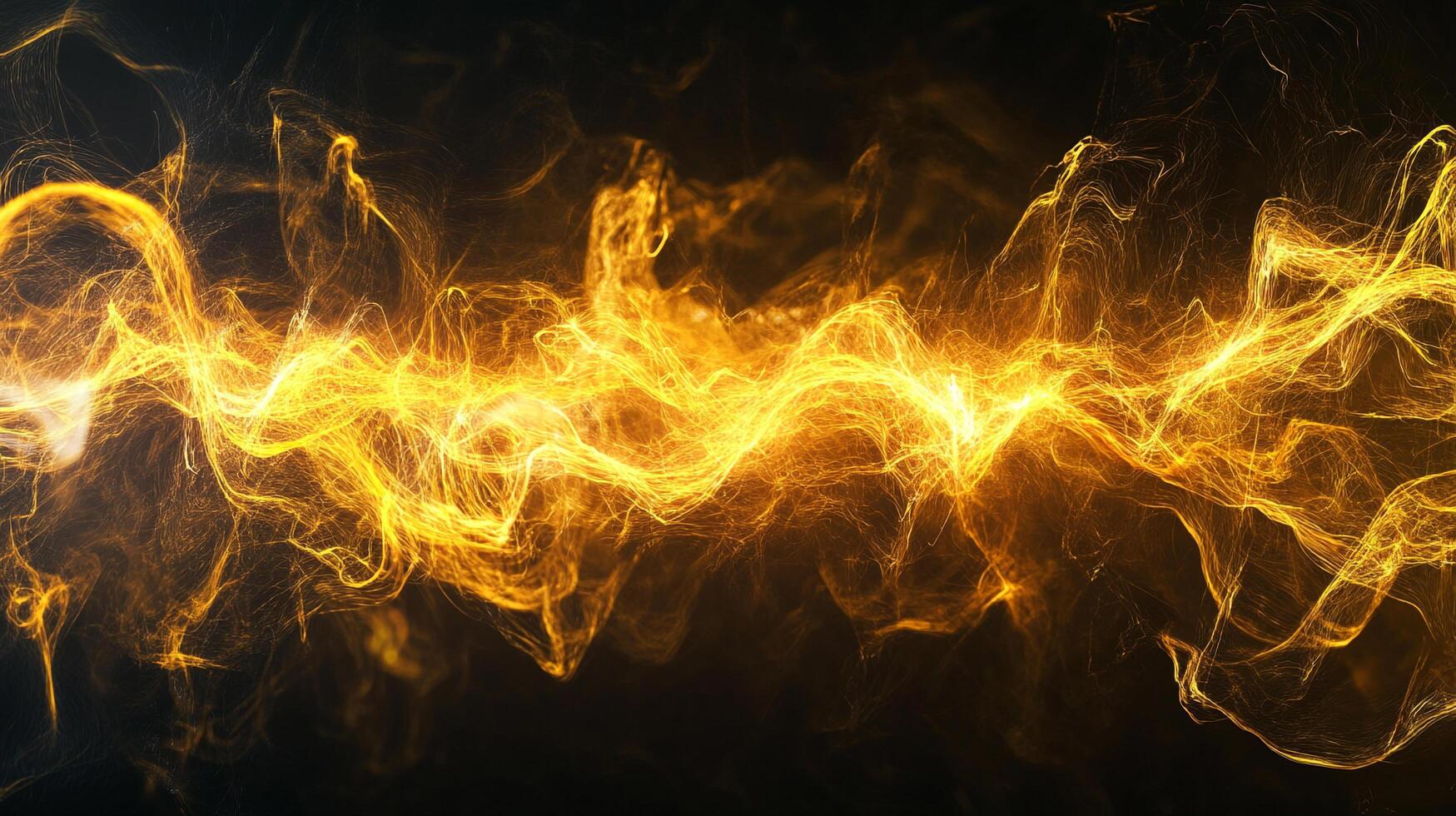 Golden energy ribbons flow horizontally, evoking warmth, power, and mystery against a stark black backdrop. Dazzling display of radiant light. photo