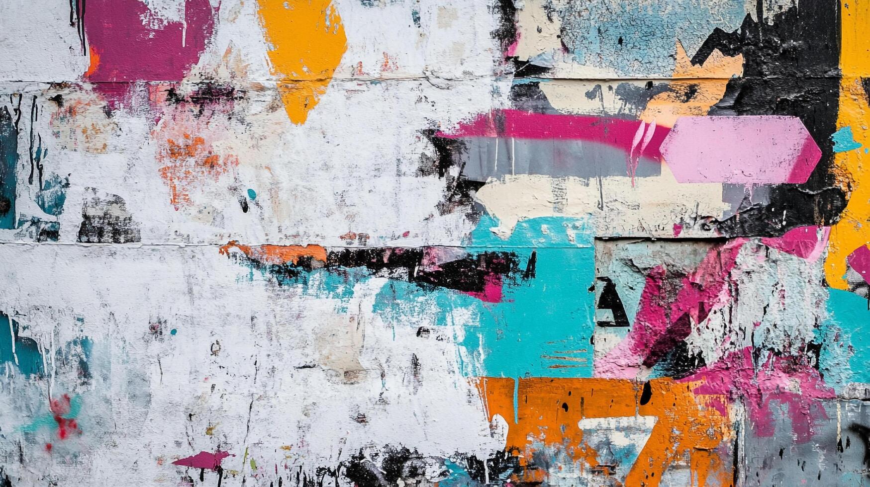A vibrant textured surface displays abstract graffiti art with layers of colorful paint splatters and remnants of decaying posters. photo