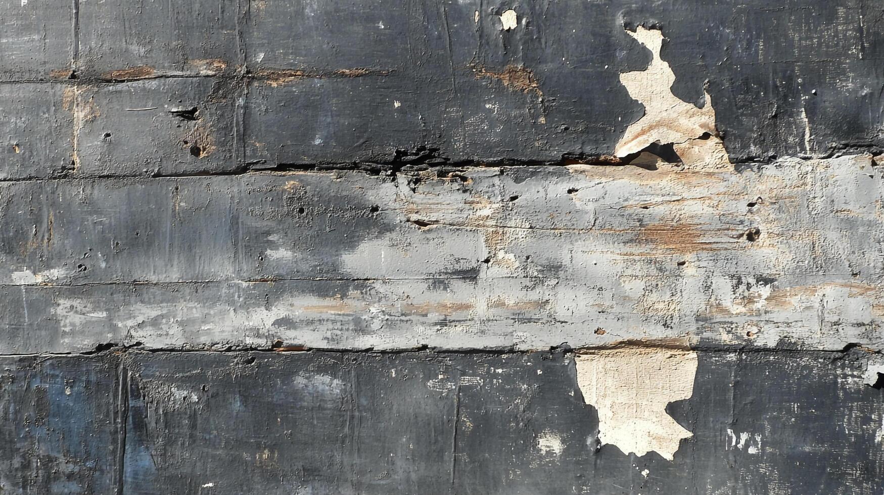 Distressed wall texture reveals layers of grey and black paint with peeling areas and horizontal lines of aging and decay. photo
