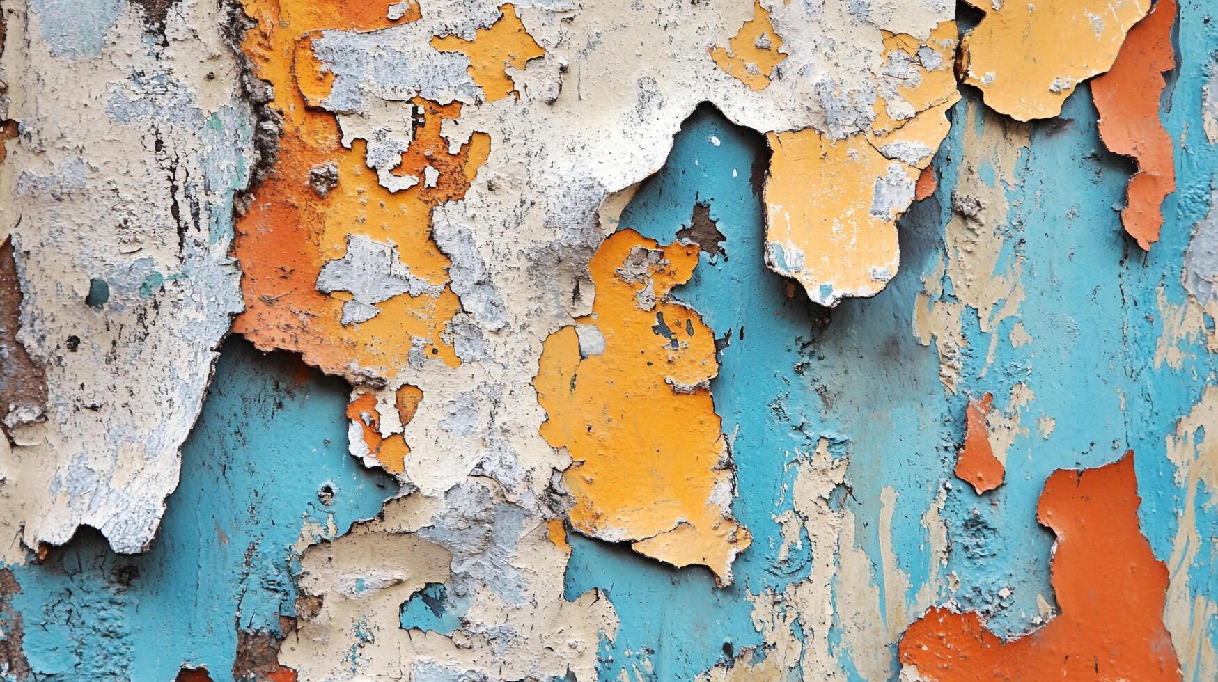 Colorful weathered layers of paint create an abstract design, showcasing textures of peeling, cracked, and aged painted surface. photo