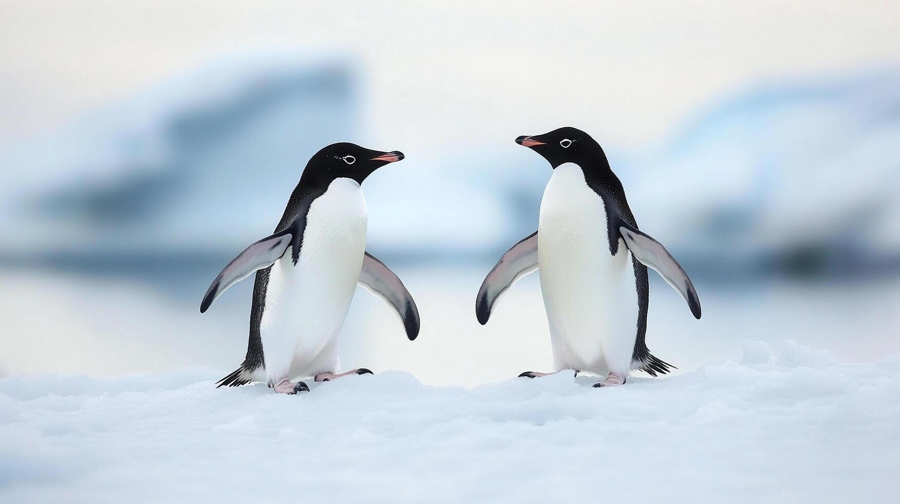 Two penguins standing on snowy terrain, facing each other in what looks like a conversation, in a cold, icy environment. photo