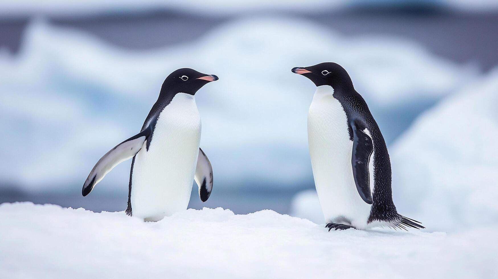 Two Adelie penguins standing on ice, facing each other in an Antarctic landscape. Blurred iceberg background, natural light photography. photo