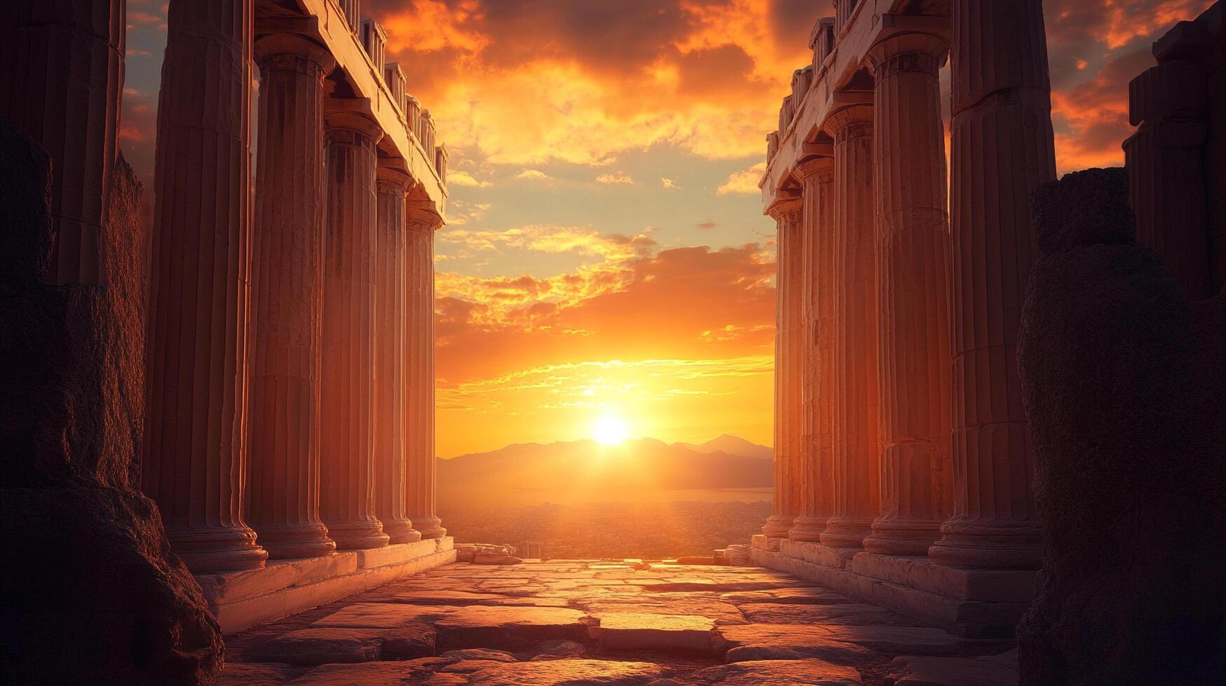 Ancient columns frame a radiant sunset, evoking timeless beauty. The stone path leads towards a horizon filled with golden light. photo