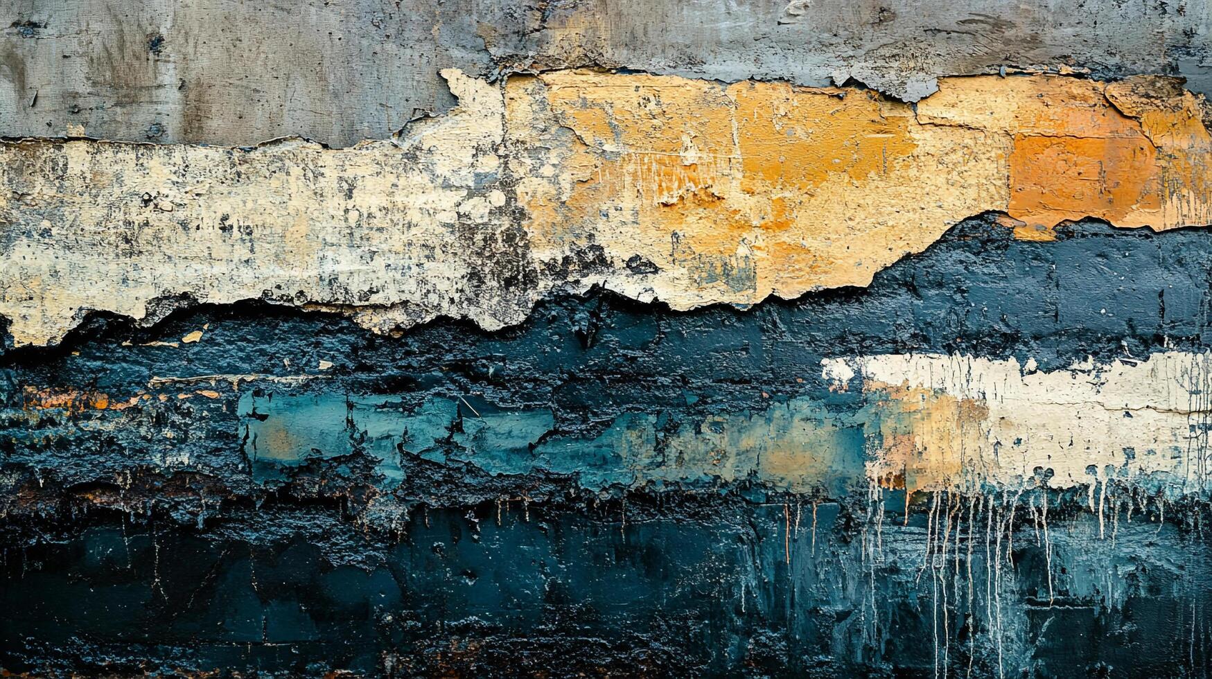 Aged wall texture featuring layers of peeling paint in shades of yellow, white, and blue, showcasing decay and rugged surface detail. photo