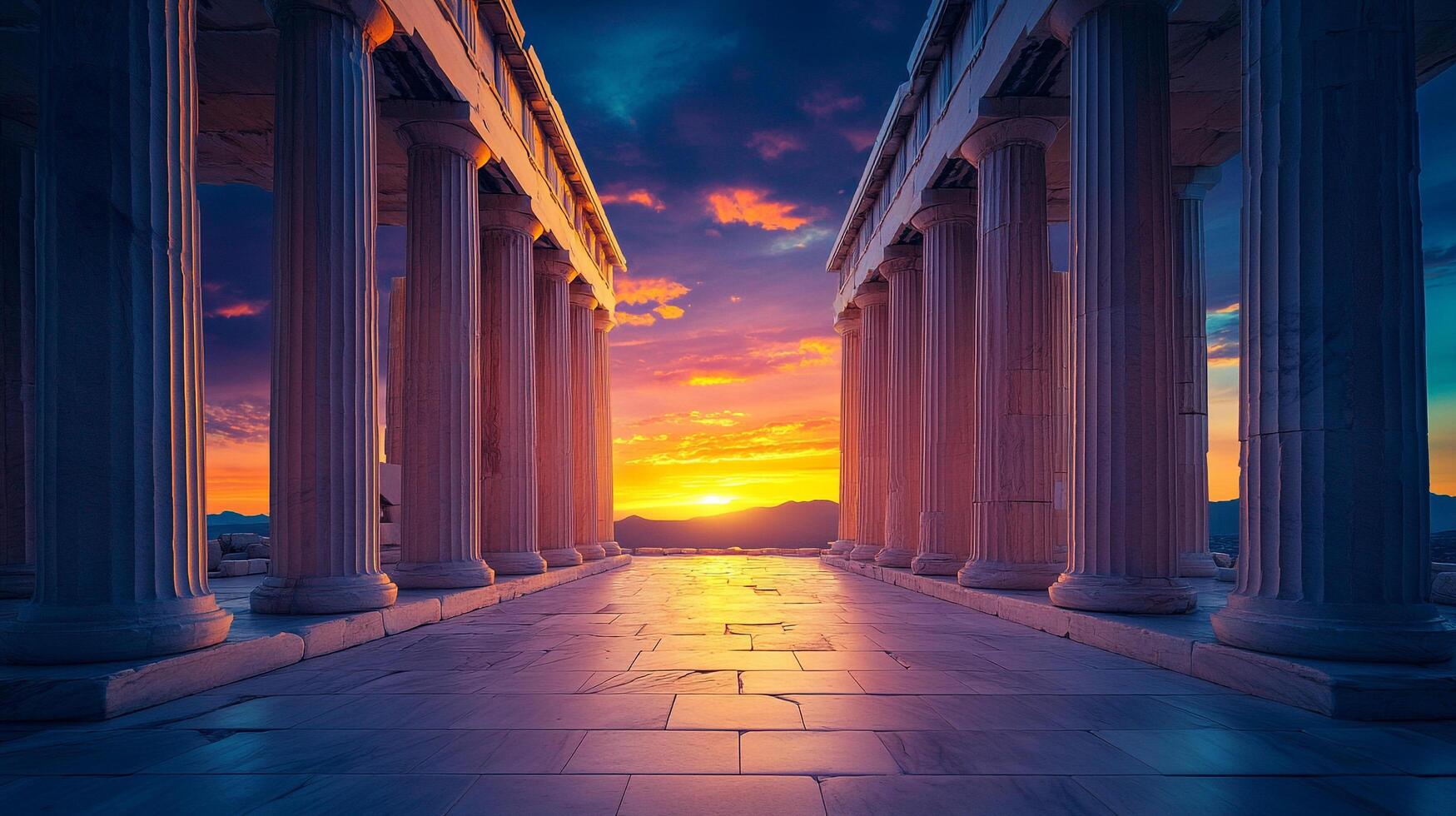 Stately columns frame a vibrant sunset, creating a beautiful composition of classic architecture meeting the colorful sky. photo