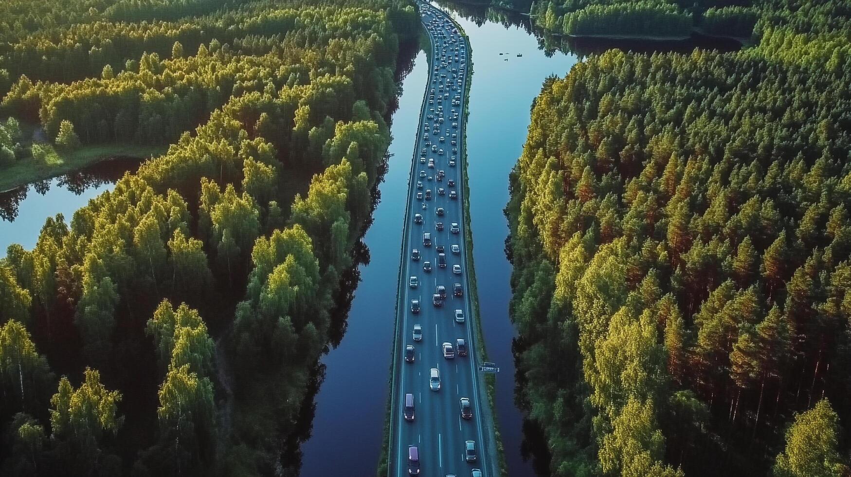 Aerial view of a congested highway cutting through a dense forest, illustrating transportation infrastructure in a natural environment. photo