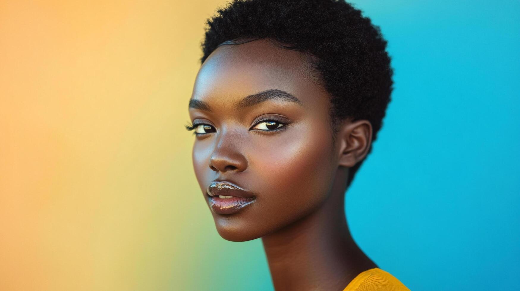 A captivating portrait of a woman with a beautiful complexion, radiant skin, and a modern hairstyle set against a colorful background. photo