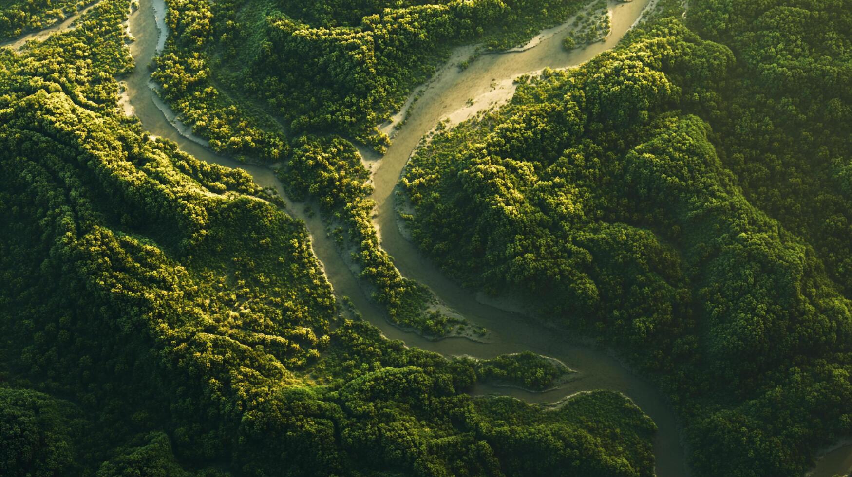 Aerial view of a verdant forest and winding river, evoking a sense of natural beauty and tranquil harmony. The dense trees create a lush canopy. photo