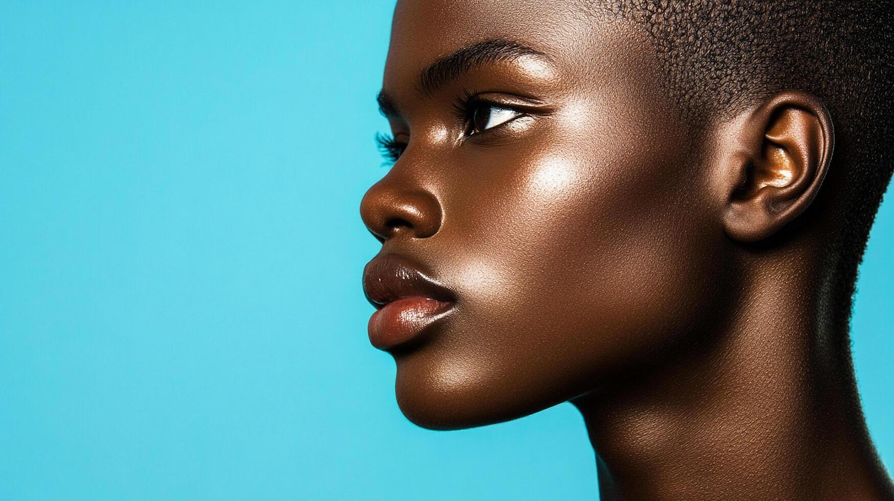 Striking portrait featuring a model with radiant skin and short hair. She is showcased against a light blue backdrop in a side view. photo