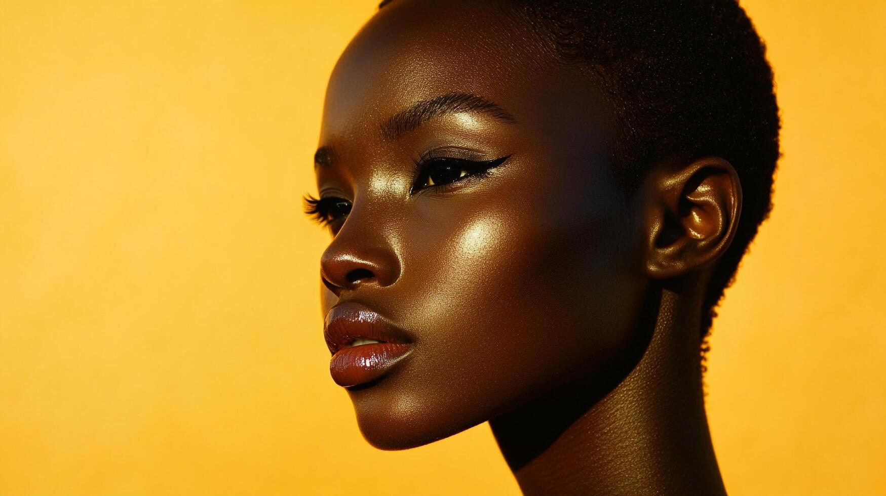 Striking beauty portrait highlighting sleek, radiant skin and sharp eyeliner against a vivid yellow backdrop. A celebration of natural elegance. photo