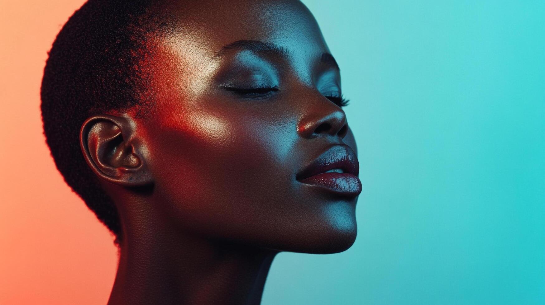 Portrait of dark-skinned woman with eyes closed. The image is bathed in red and blue light that casts vibrant hues over the skin. photo