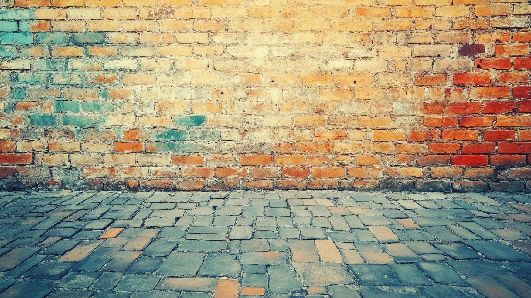 A vibrant textured background featuring a weathered brick wall and a brick-paved floor, offering a rustic and visually engaging scene. photo